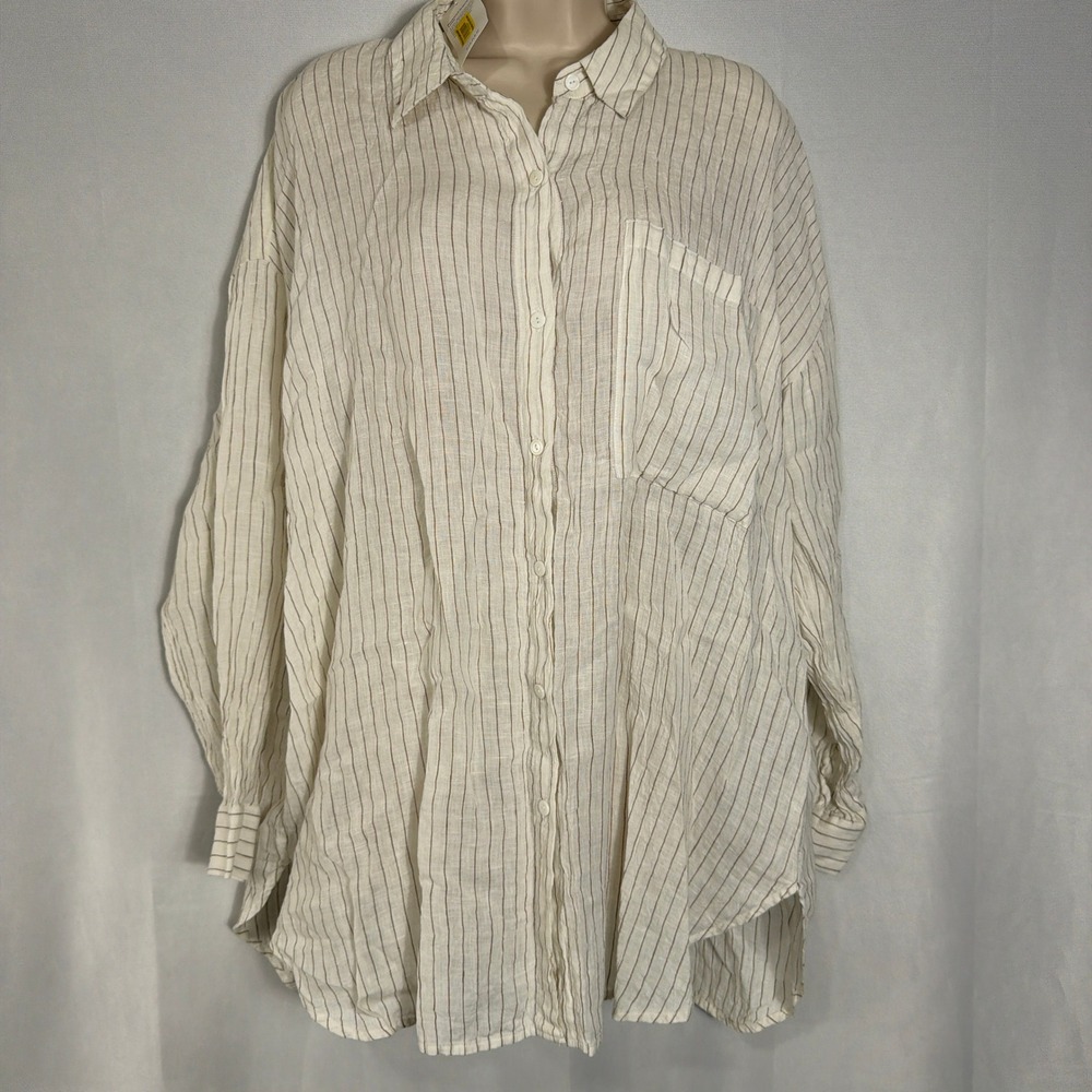 Eileen Fisher Shirt Organic Linen Striped Button Down Bronze White Womens L NWT